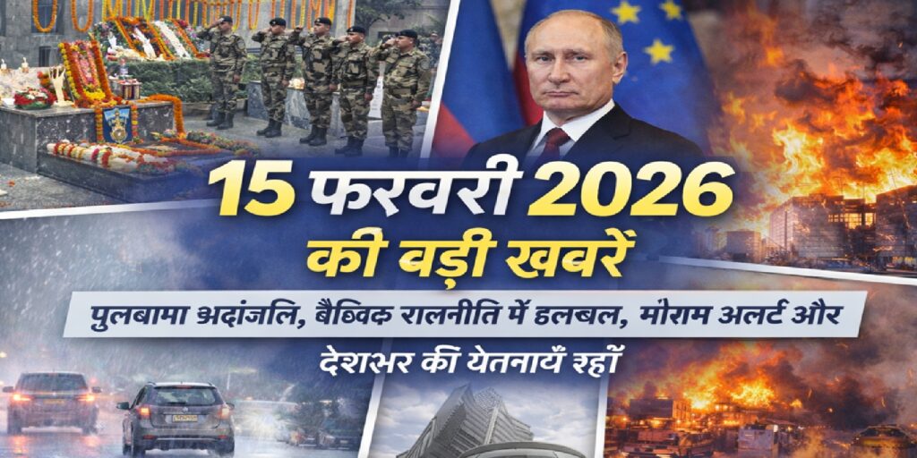 15 फरवरी 2026 की बड़ी खबरें: पुलवामा श्रद्धांजलि, वैश्विक राजनीति में हलचल, मौसम अलर्ट और देशभर की घटनाएँ