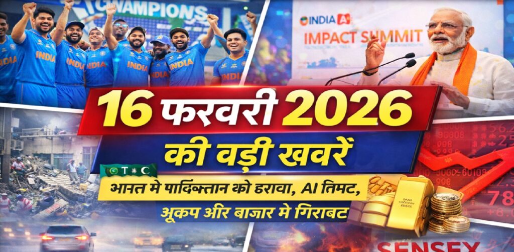 16 फरवरी 2026 की बड़ी खबरें: भारत की पाकिस्तान पर जीत, AI समिट की शुरुआत, भूकंप के झटके और बाजार में गिरावट