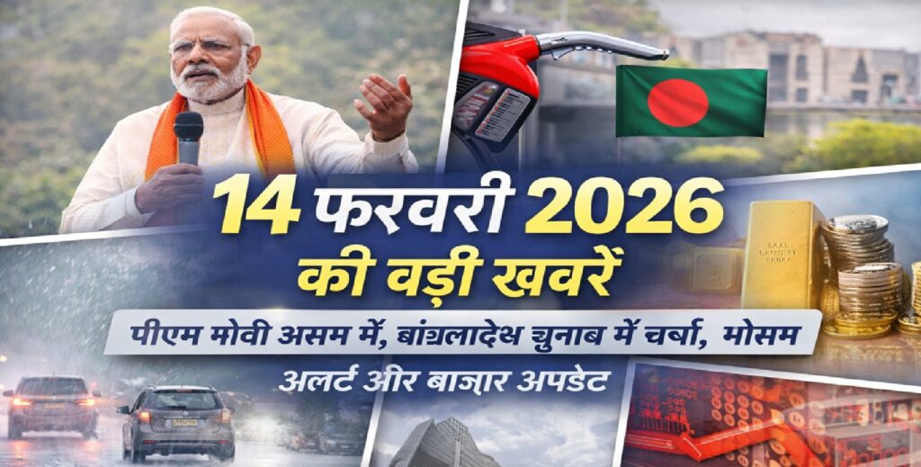 14 फरवरी 2026 की बड़ी खबरें: पीएम मोदी असम दौरे पर, बांग्लादेश चुनाव चर्चा में, मौसम अलर्ट और बाजार अपडेट