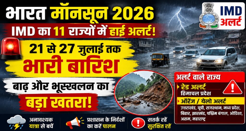 भारत मॉनसून 2026: आईएमडी का 11 राज्यों में हाई अलर्ट, 21 से 27 जुलाई तक भारी बारिश, बाढ़ और भूस्खलन का खतरा